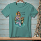 Mermaid with drink and crab on dock, text reads "I'M OFF DUTY."
