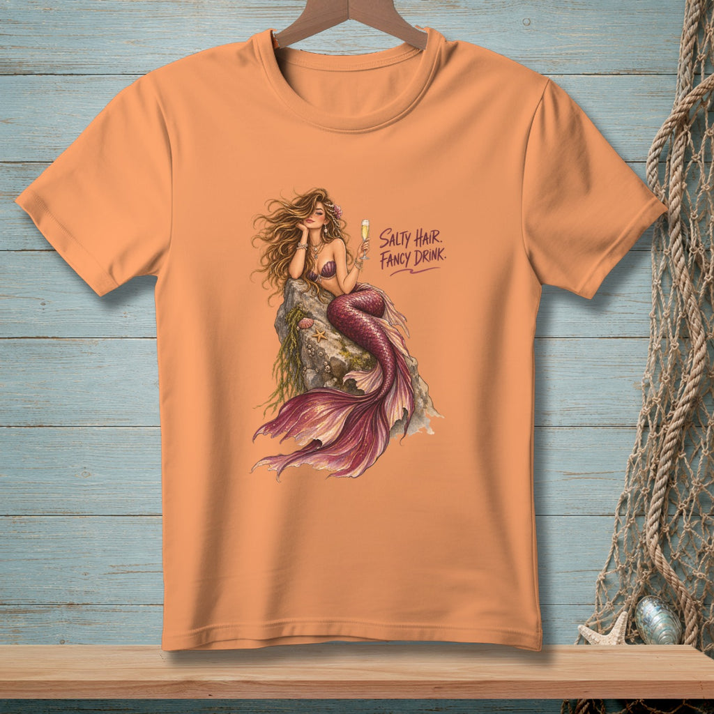 T-shirt with mermaid illustration and text "Salty Hair. Fancy Drink."