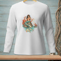 Mermaid with octopus and crab on rocks, holding a scroll and drink.