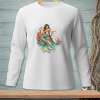 Mermaid with octopus and crab on rocks, holding a scroll and drink.