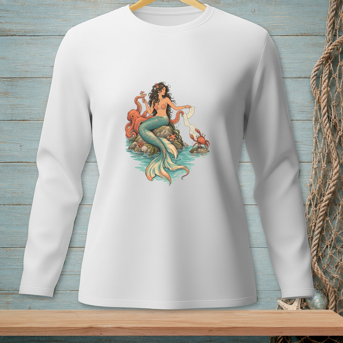 Mermaid with octopus and crab on rocks, holding a scroll and drink.