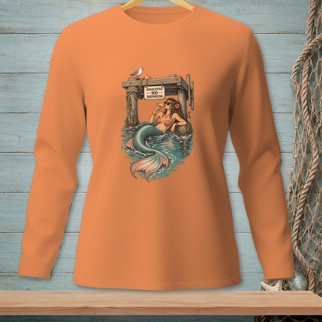 Mermaid by dock with sign "ABSOLUTELY NO DRINKING" holding a drink.