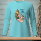 Mermaid lounging on post with lobster and text "You've reached the Tail Department."