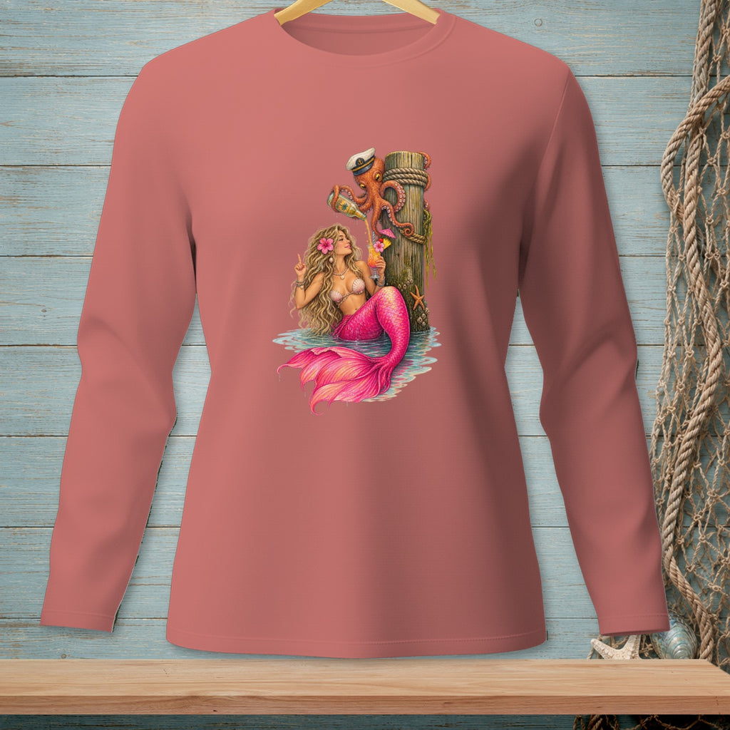 Mermaid with pink tail, octopus pouring drinks, and starfish by a wooden post.