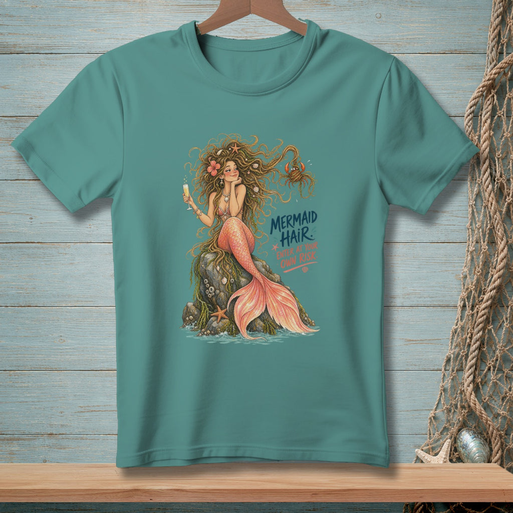 Teal t-shirt with "Mermaid Hair. Enter at your own risk." graphic.