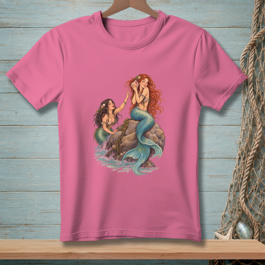 Two mermaids on a rock by the sea, one holding a seashell.