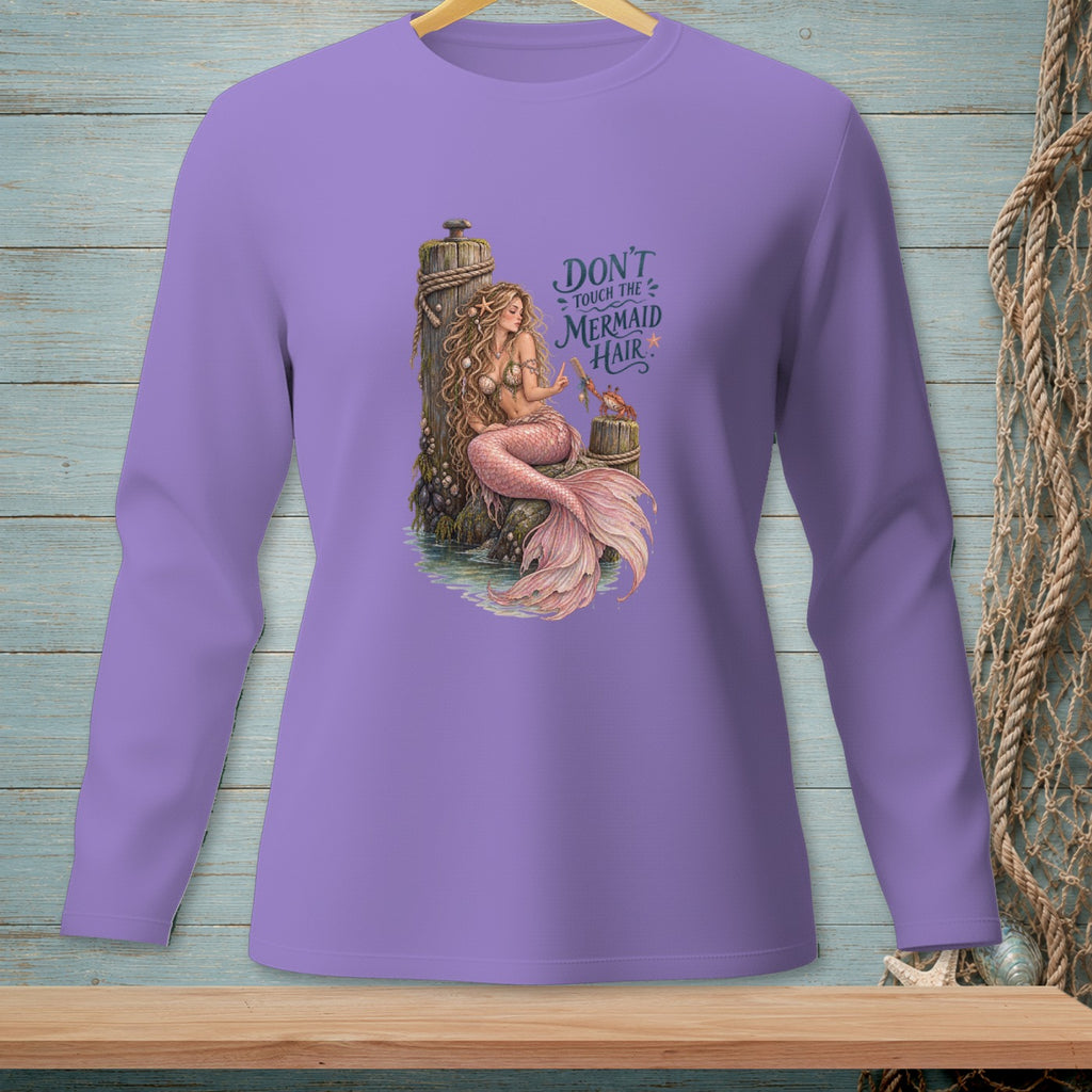 Lavender long-sleeve shirt with mermaid art and "Don't Touch the Mermaid Hair" text.