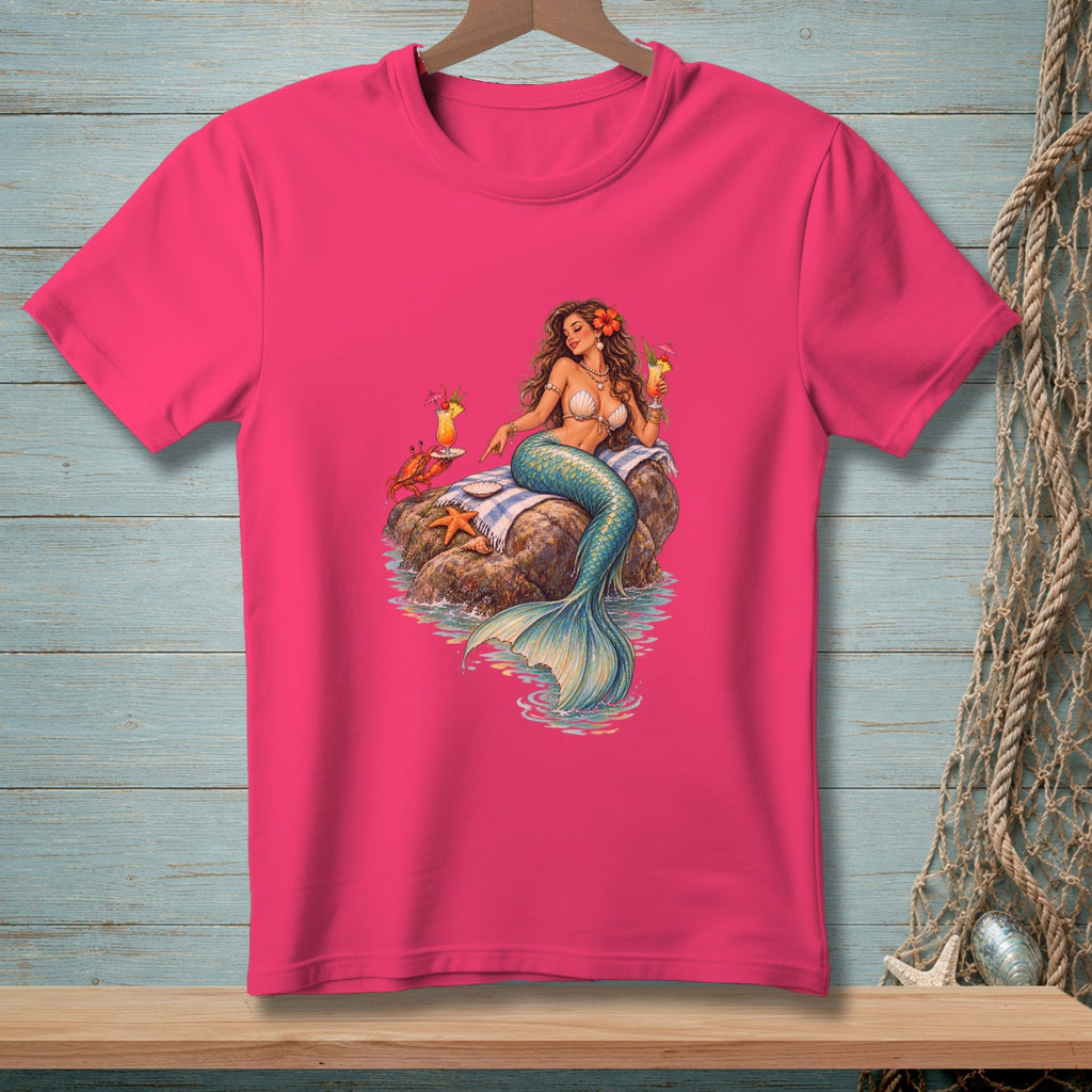 Mermaid with cocktails on a rock with a crab and starfish.