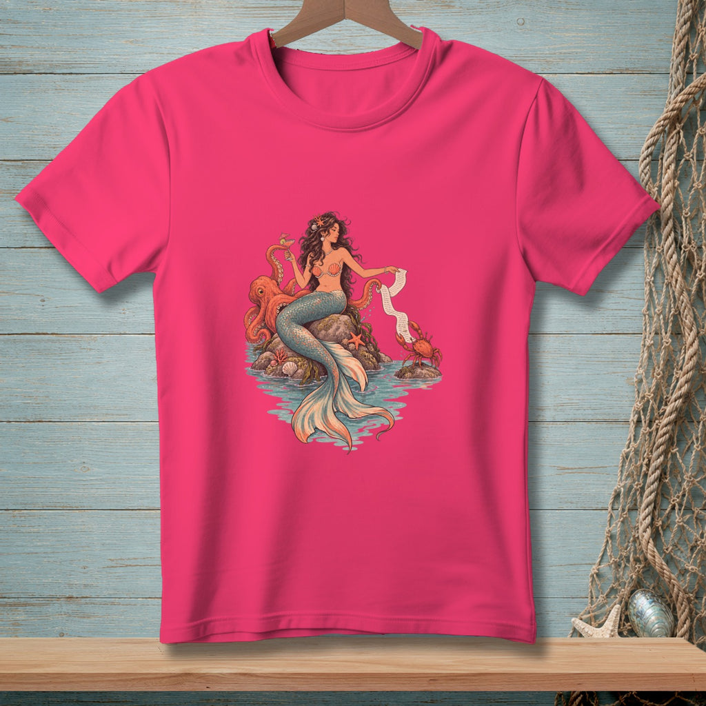 Mermaid with octopus and crab on rocks, holding a cocktail and scroll.