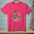 Mermaid with octopus and crab on rocks, holding a cocktail and scroll.