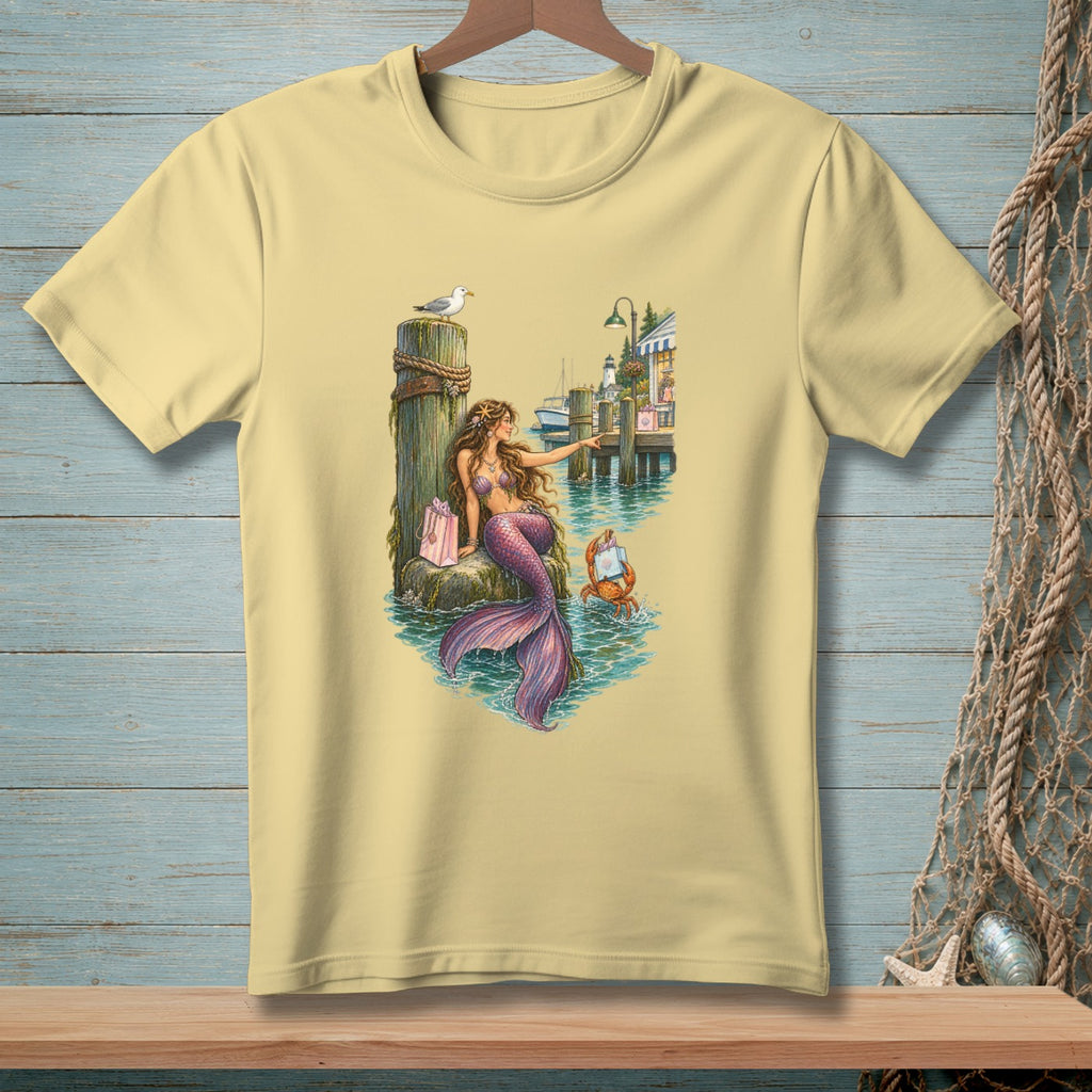 Mermaid with pink tail on dock with shops, seagull, and crab.