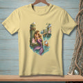 Mermaid with pink tail on dock with shops, seagull, and crab.