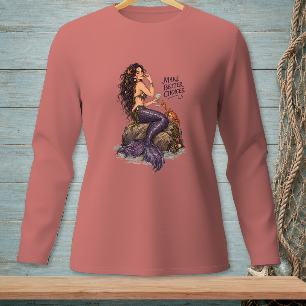 Mermaid with purple tail, crab, and text "MAKE BETTER CHOICES."