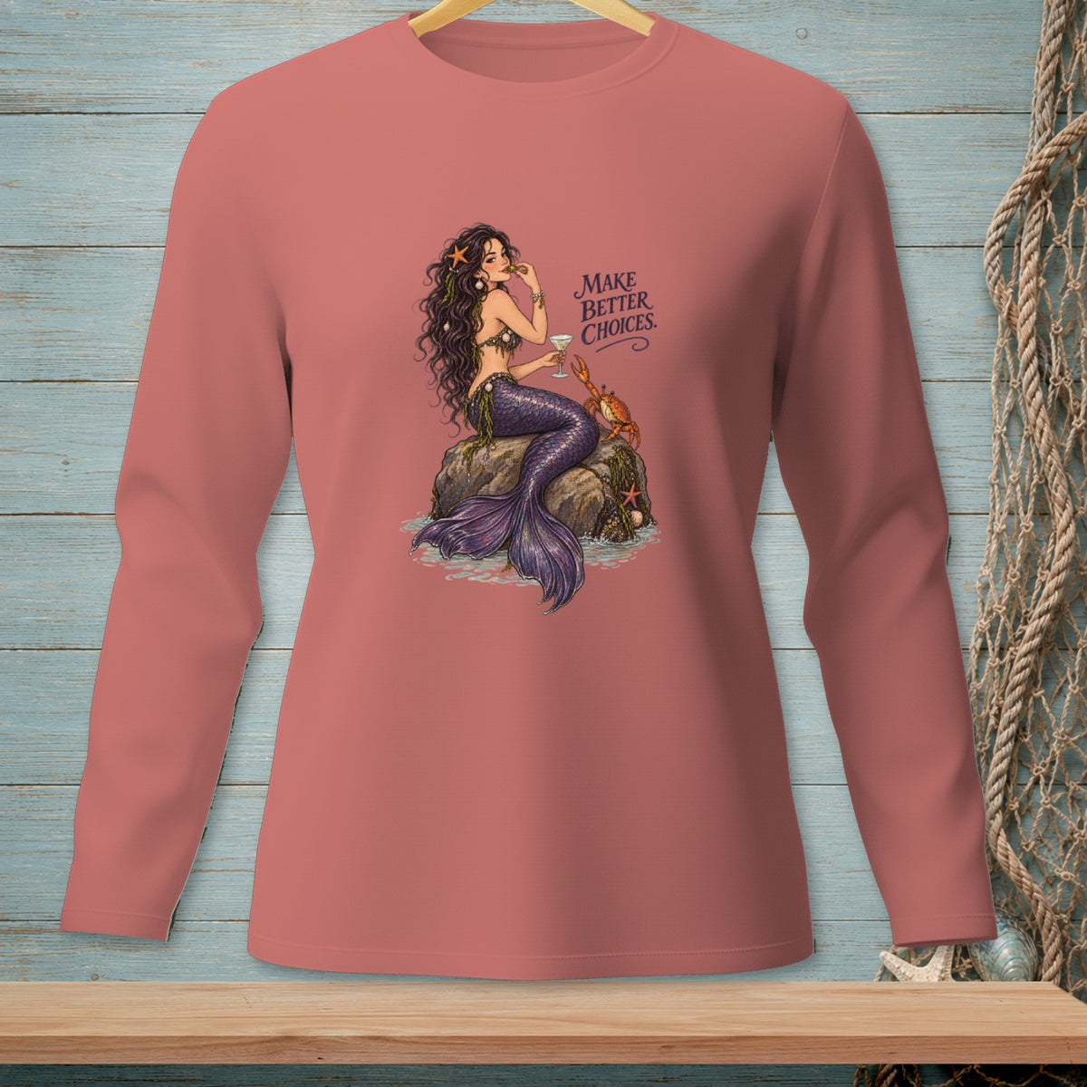 Mermaid with purple tail, crab, and text "MAKE BETTER CHOICES."