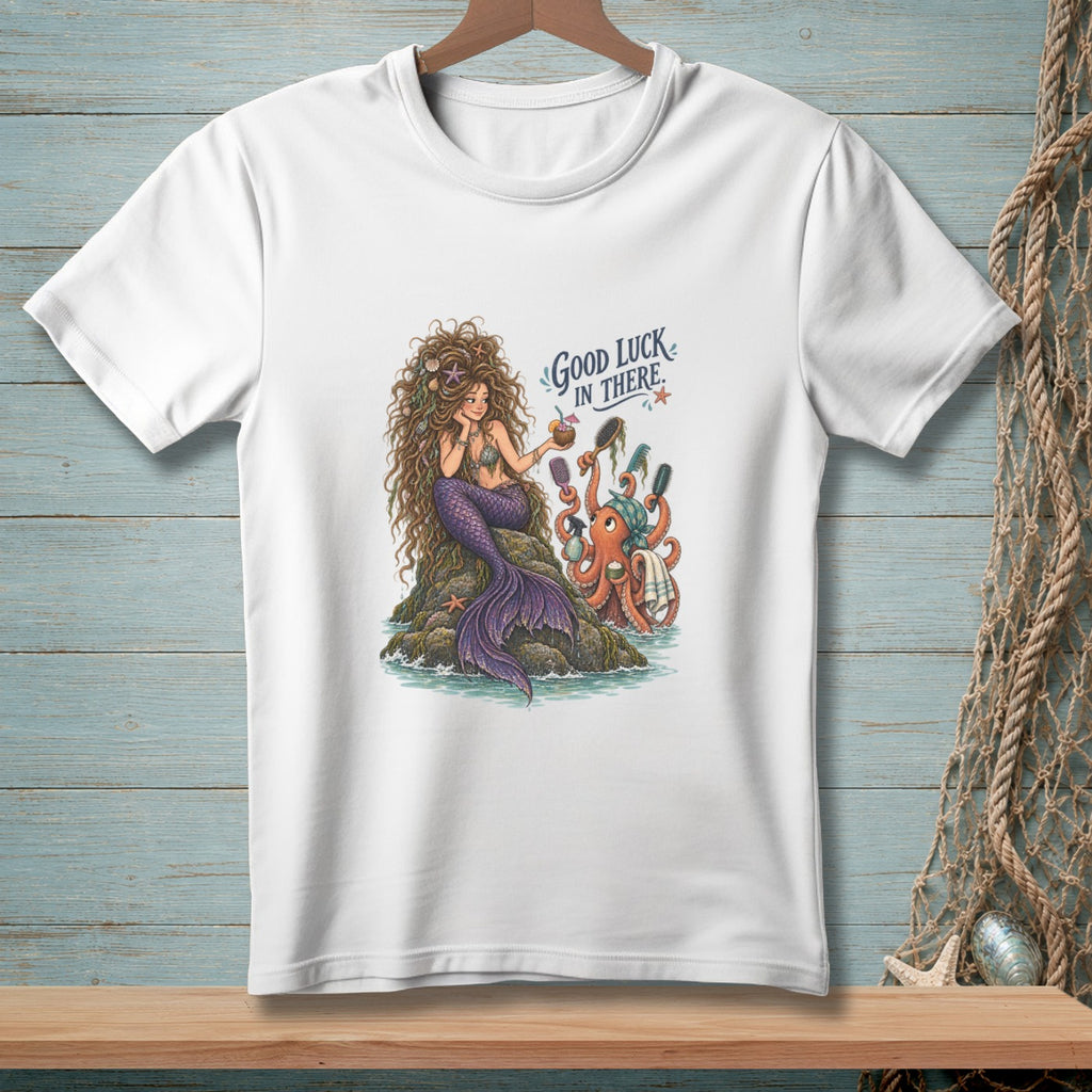 White t-shirt featuring a mermaid and octopus with the text "Good Luck In There".