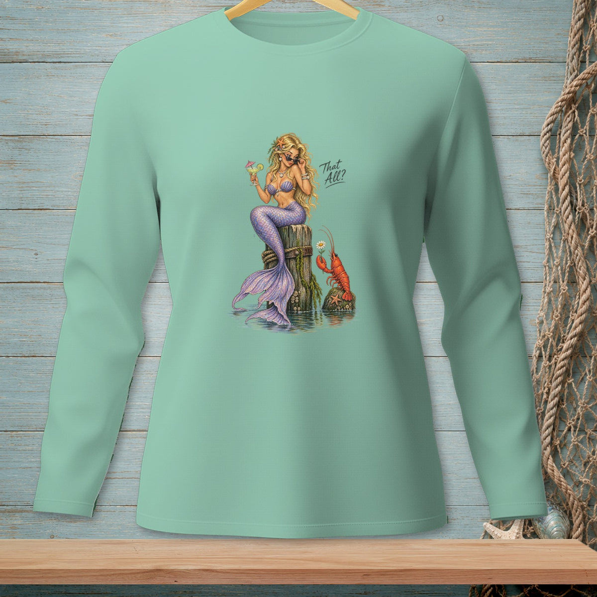 Mint long-sleeve shirt with mermaid, lobster, and "That All?" text design.