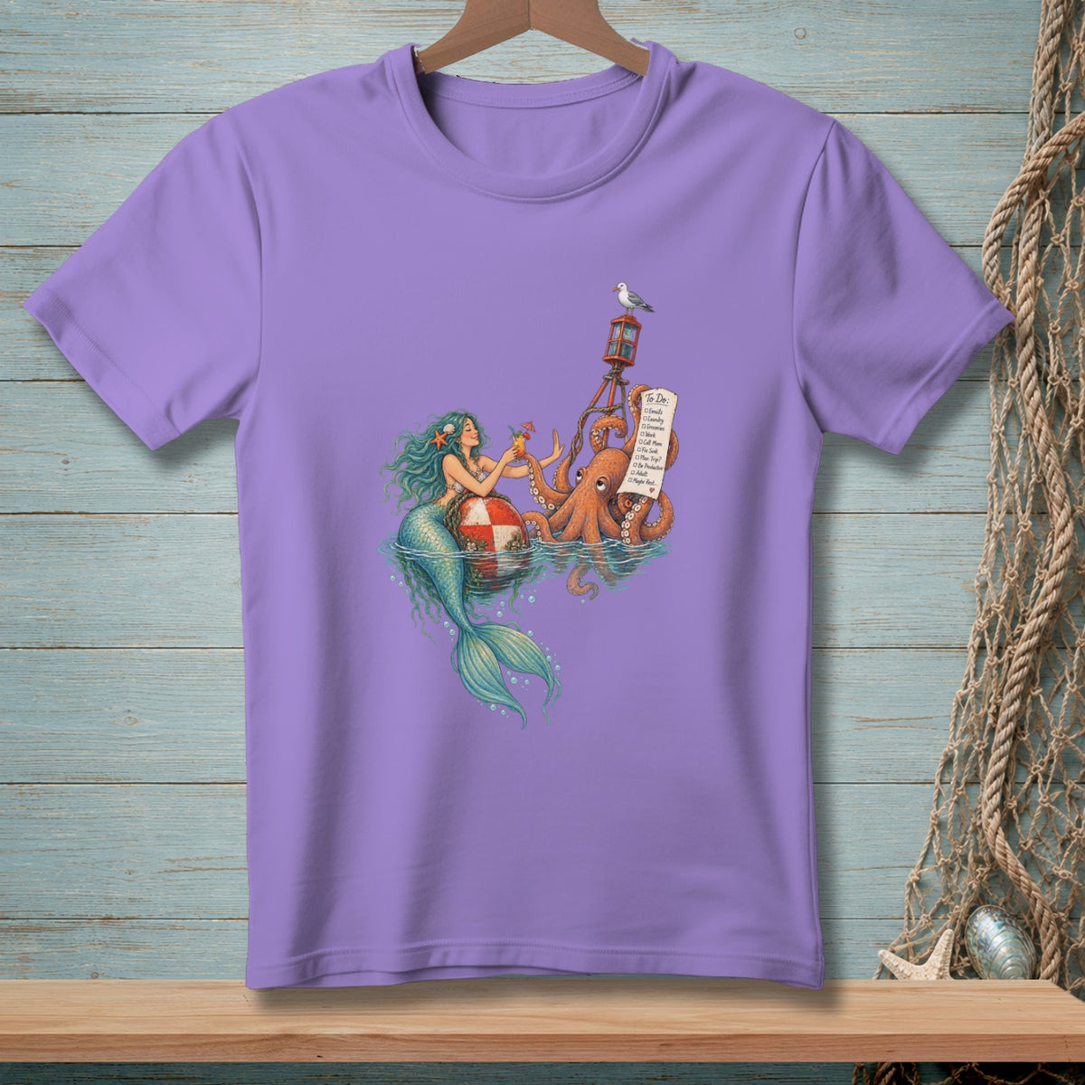 Mermaid and octopus on a buoy, holding drinks and a "To Do" list.