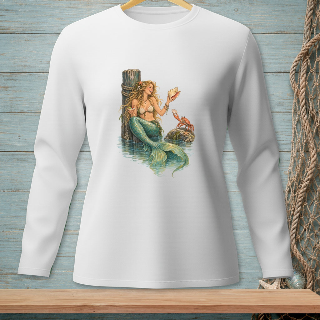 Long-sleeved white shirt with a mermaid, crab, and shell design.