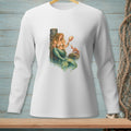 Long-sleeved white shirt with a mermaid, crab, and shell design.