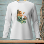 Long-sleeved white shirt with a mermaid, crab, and shell design.