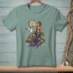Mermaid holding wine and gesturing near a seagull by a "Please Hold" sign.