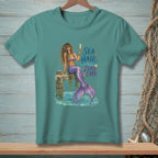 Mermaid with champagne glass on dock with text "Sea Hair Zero Care"