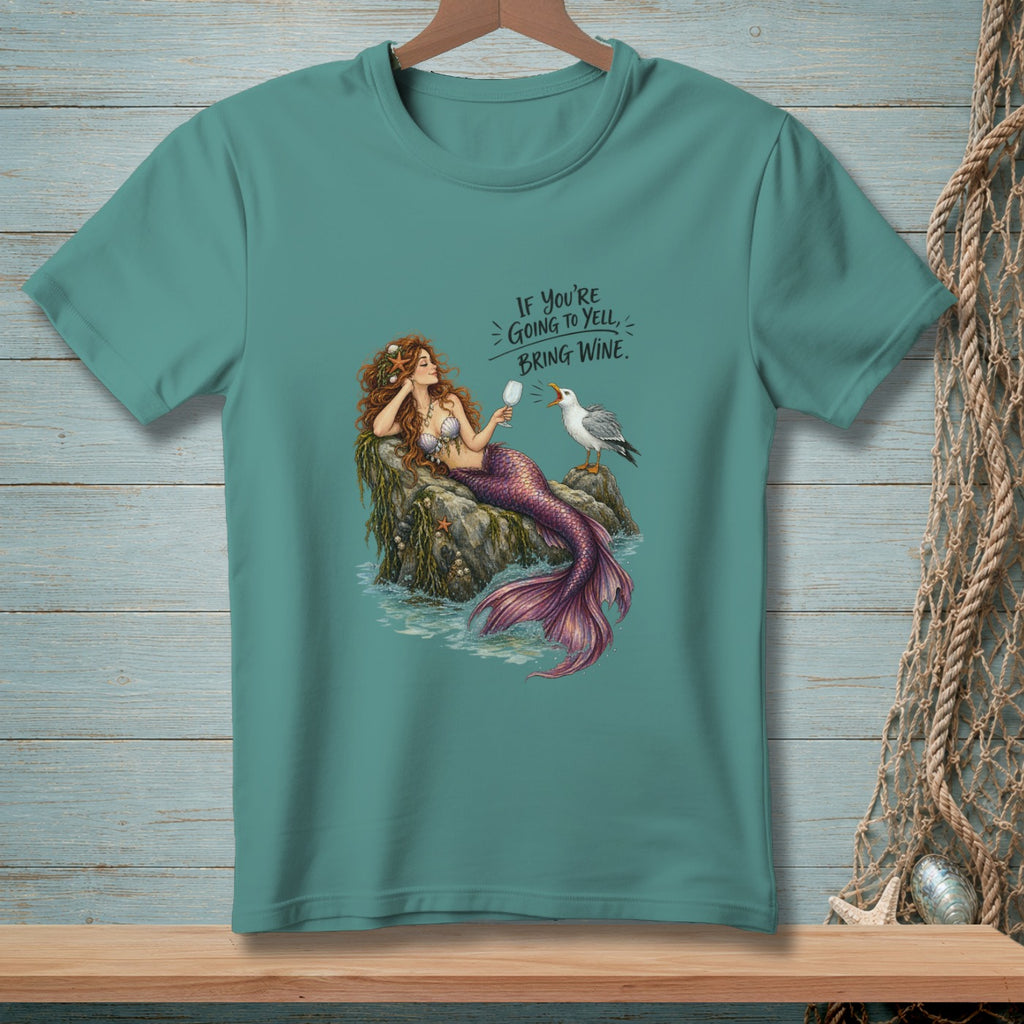 Mermaid with wine glass and seagull, "If you're going to yell, bring wine."