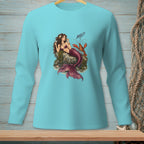 Mermaid with lobster and "AND?" text on a teal long-sleeve shirt.