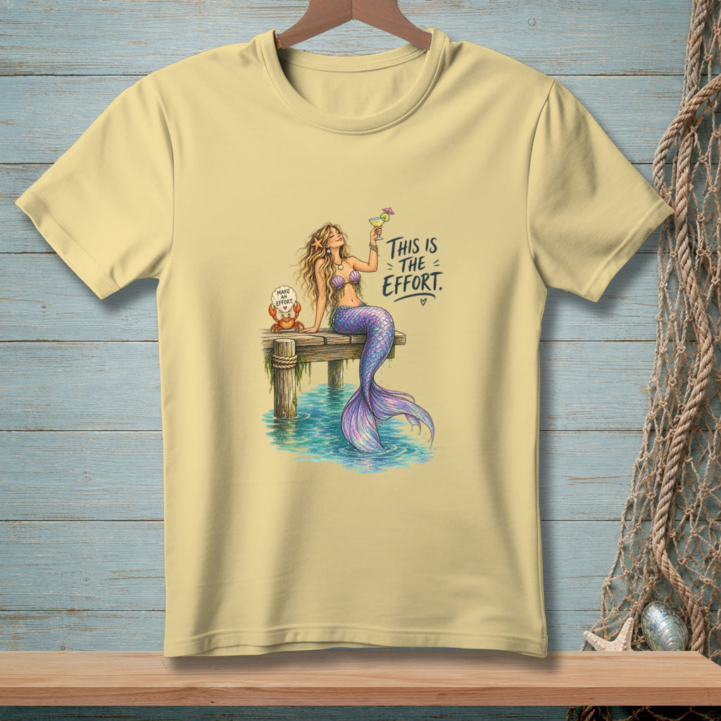 Mermaid with drink on dock, crab with text "Make effort" and "This is the effort".