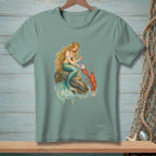 Mermaid with blonde hair and blue tail interacting with a lobster and an open oyster.