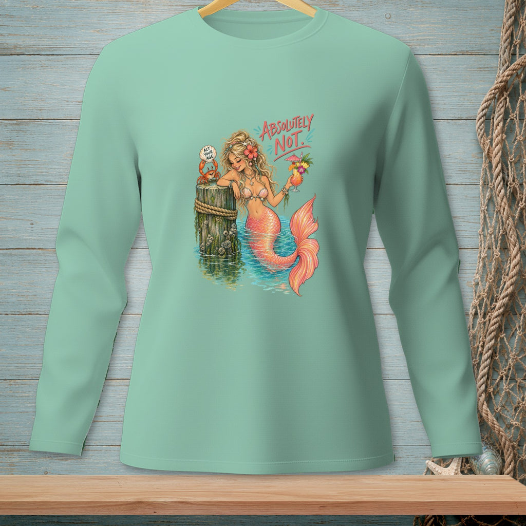 Mermaid with pink tail holds a cocktail, crab says "Act your age."