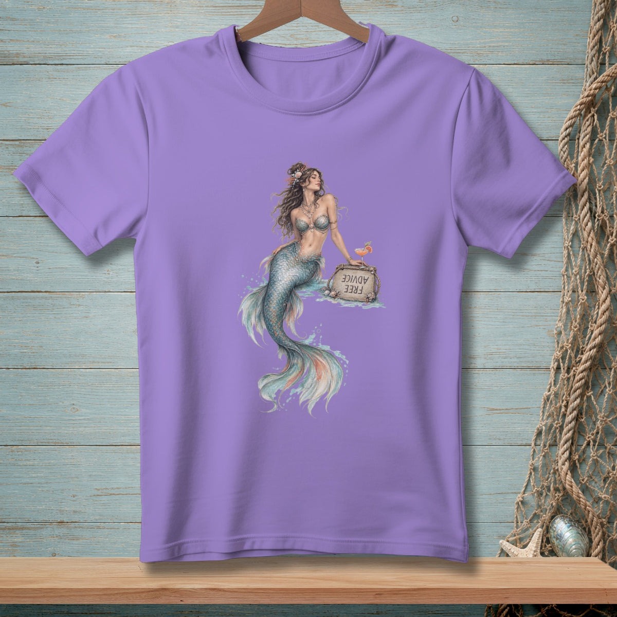 Purple t-shirt with illustration of a mermaid sitting next to a sign that reads "Free Advice".