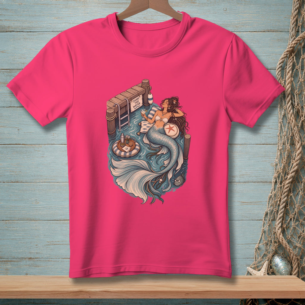 Illustration of a mermaid relaxing on a dock with a drink and text "Share the Water".
