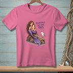 Pink t-shirt with a mermaid and seagull graphic, reading "Respectfully, Get Your Own."