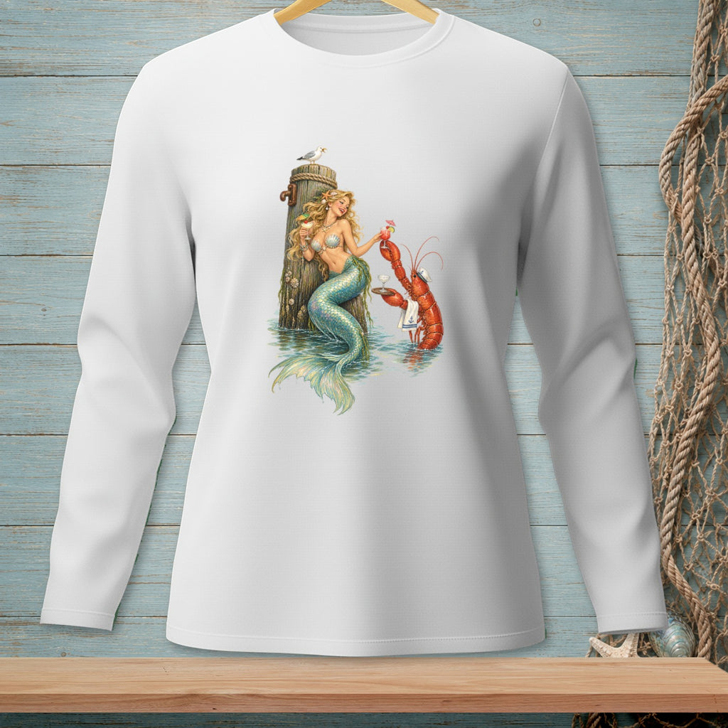 Mermaid with a lobster waiter and drinks on a pier, with a seagull.
