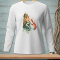 Mermaid with a lobster waiter and drinks on a pier, with a seagull.