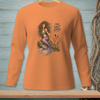 Orange long-sleeve shirt featuring a mermaid with an octopus and "The Salt Stays" text.