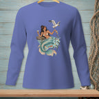 Mermaid with champagne and fish, being offered food by a seagull.
