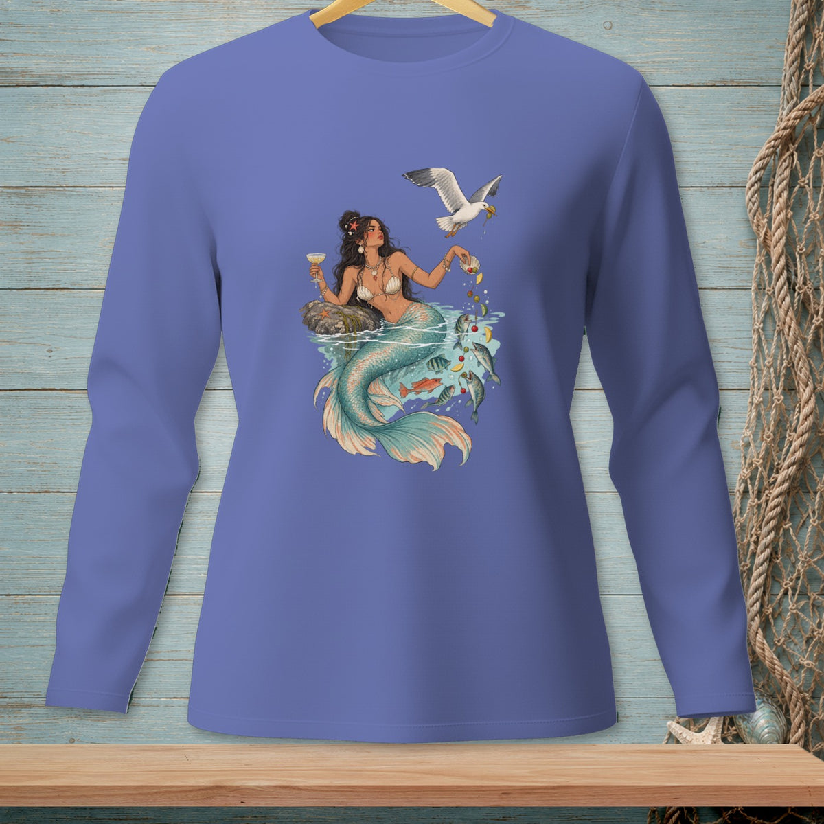 Mermaid with champagne and fish, being offered food by a seagull.