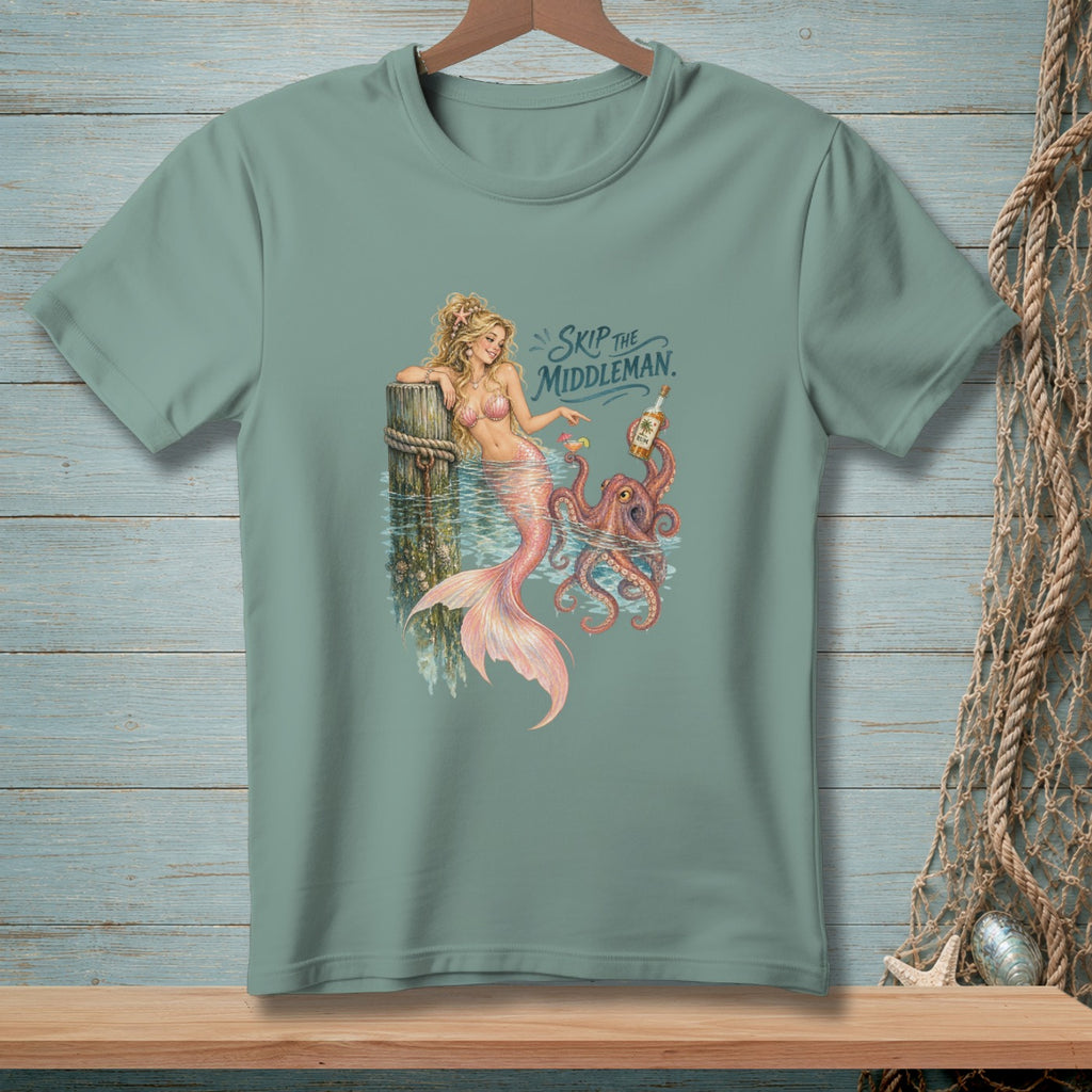 Mermaid and octopus with rum bottle and text "Skip the Middleman."