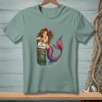 Mermaid leaning on a post with a "No Vacancy" sign, wearing a purple tail.