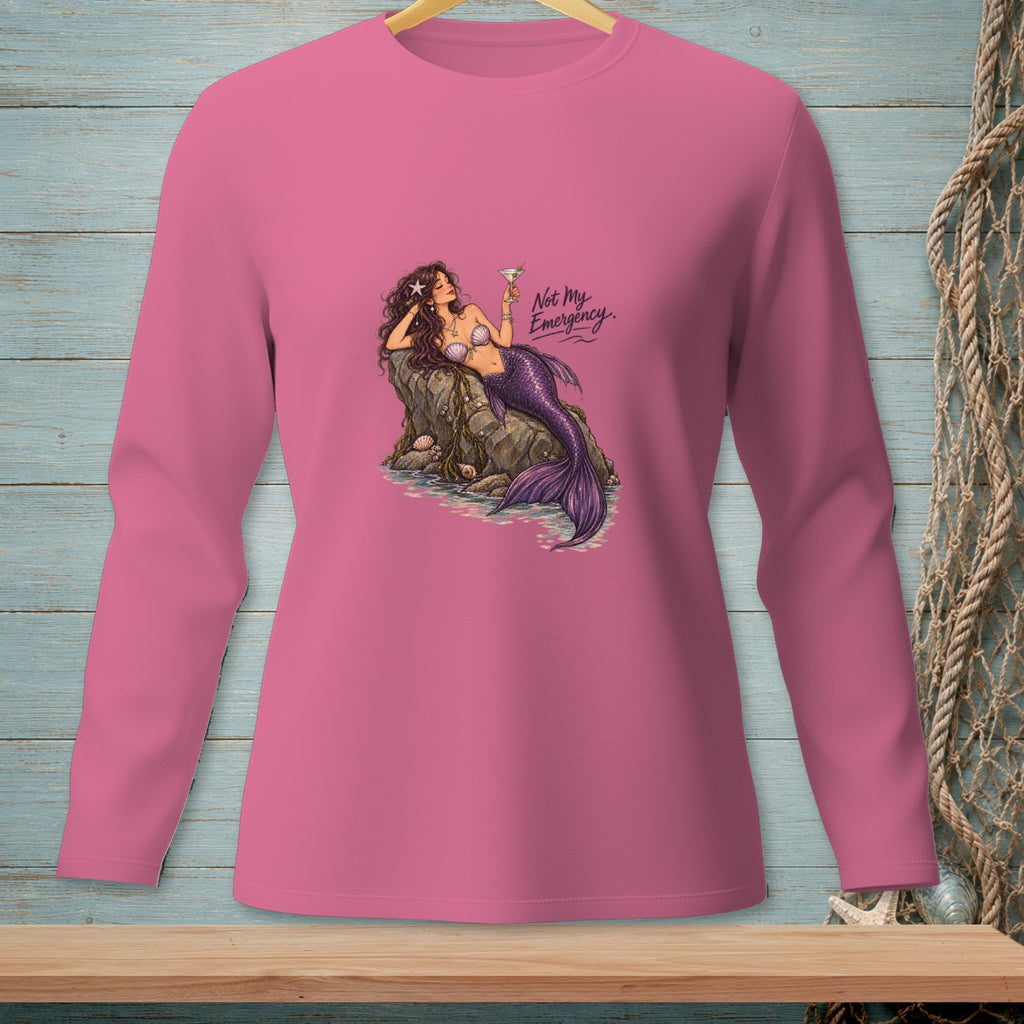 Pink long-sleeved shirt with mermaid illustration and text "Not My Emergency."