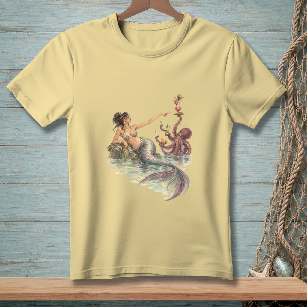 Mermaid and octopus sharing drinks on a rock at the water's edge.