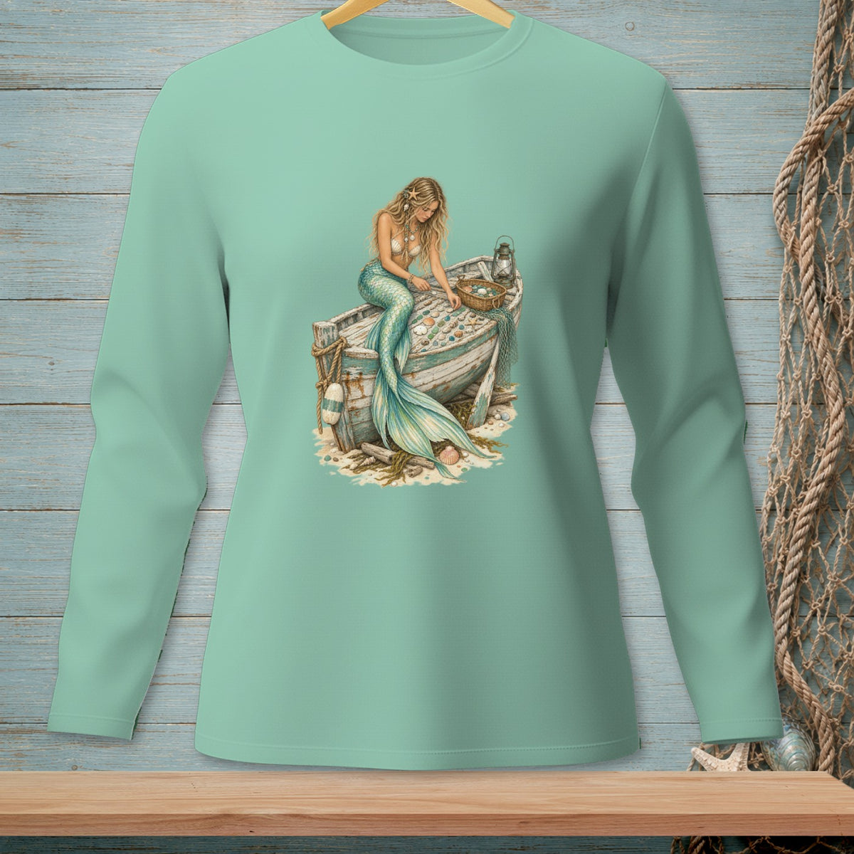 Mermaid sitting on a treasure chest in an old boat surrounded by shells.