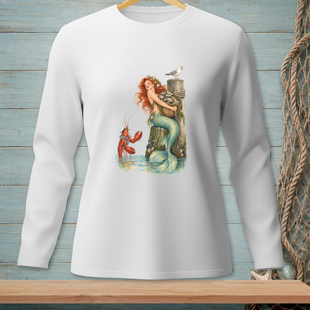Mermaid holding oyster basket, lobster with pearl, and seagull on a wooden post.