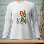Mermaid holding oyster basket, lobster with pearl, and seagull on a wooden post.