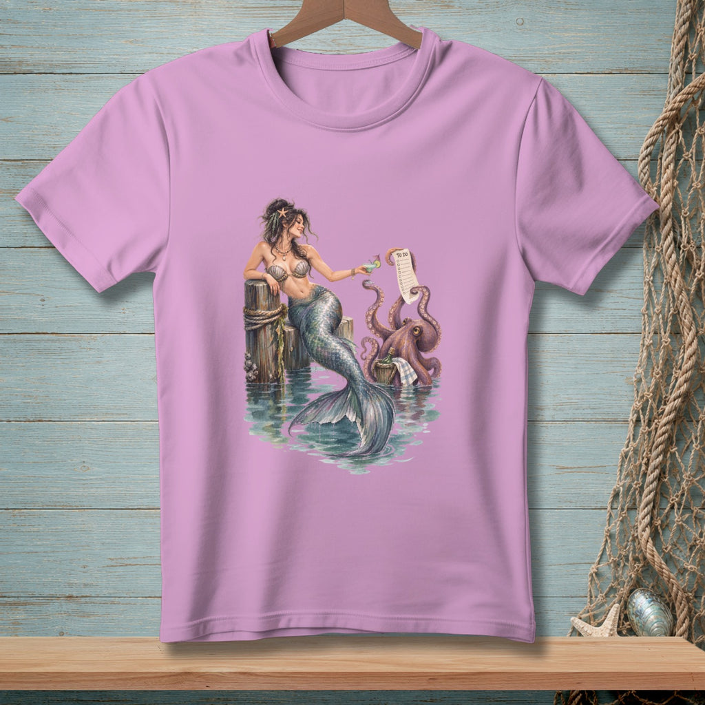 Mermaid with octopus and to-do list on wooden dock.