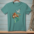 Mermaid with red hair interacting with a seagull near a buoy.