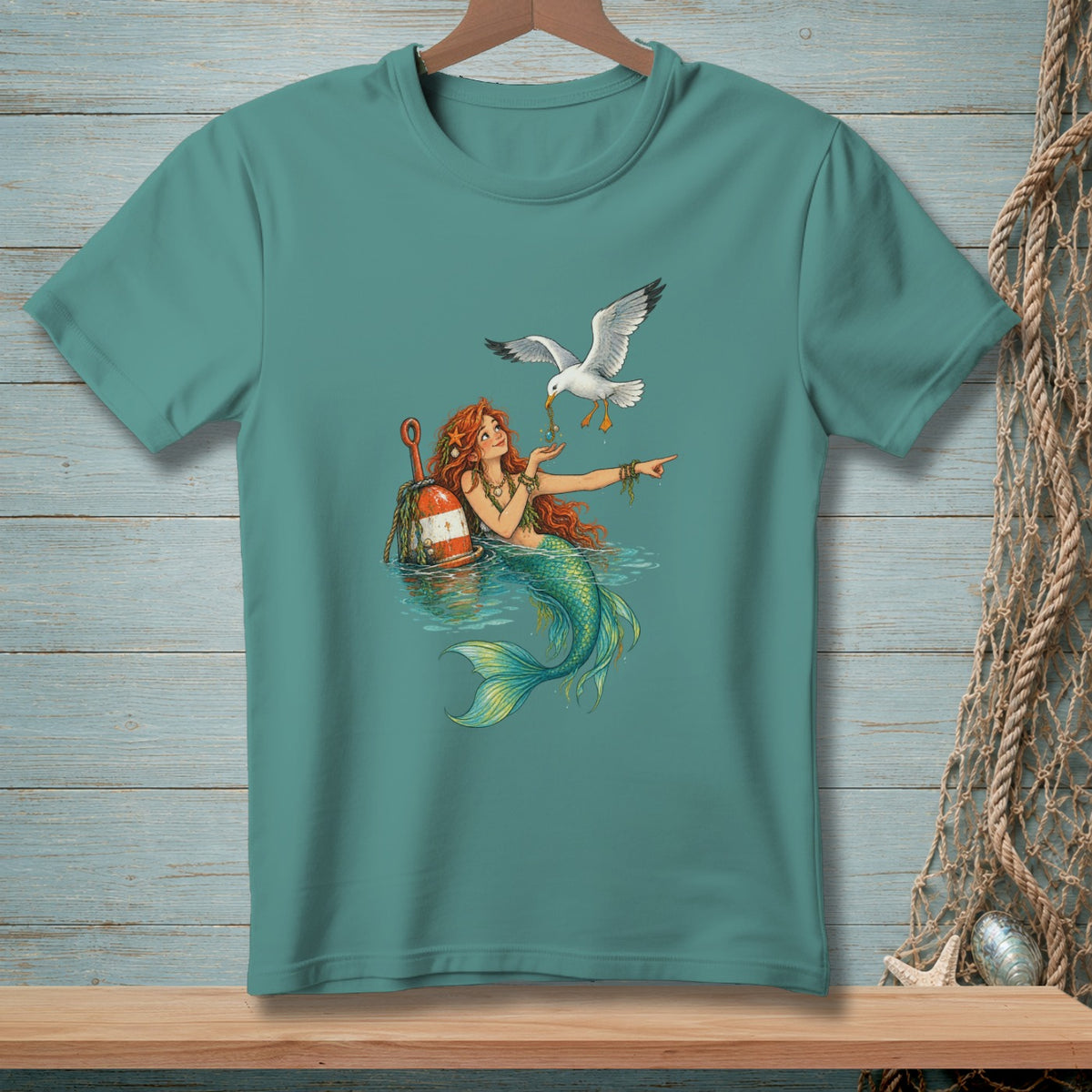 Mermaid with red hair interacting with a seagull near a buoy.