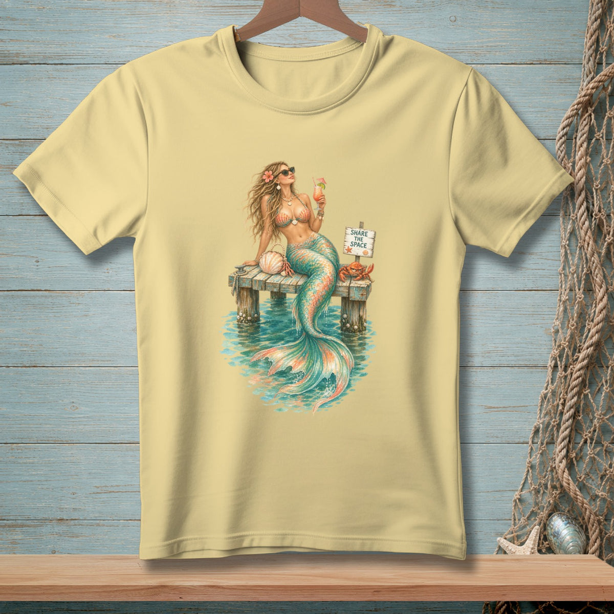 Mermaid with cocktail on dock, sign reads "Share the Space."
